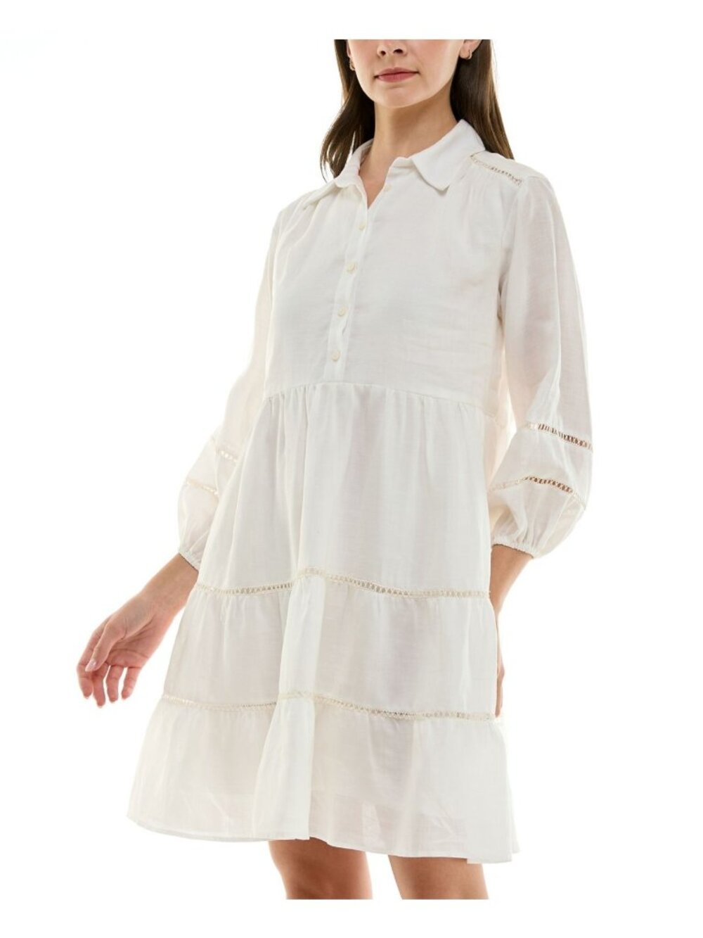 Taylor Women linen Ladder-Trim Collared A-Line Pulls on Dress Ivory Size 10 $128